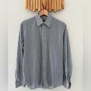 Pal Zileri Italian Dress Shirt 15.5 White Navy Striped Hidden Placket